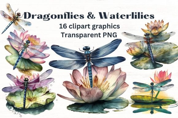 Enchanting Dragonflies and Waterlilies Clipart Set for Designers