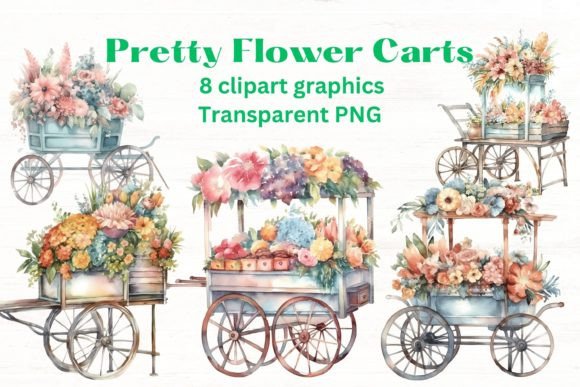 Flower Cart Floral Clipart: Whimsical Watercolor Design Assets
