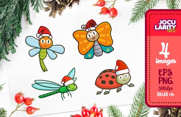Funny and Cute Insects in Christmas Mode: A Festive Design Asset