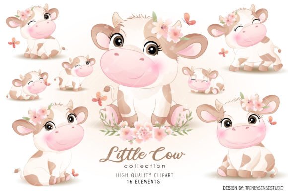 Little Cow Collection Clipart: Whimsical Watercolor Charm