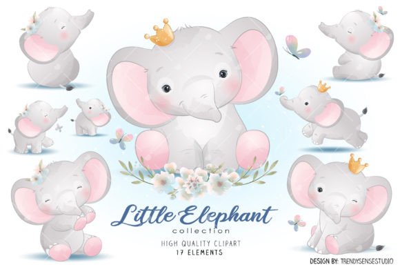 Little Elephant Collection Clipart: Whimsical Watercolor Graphics